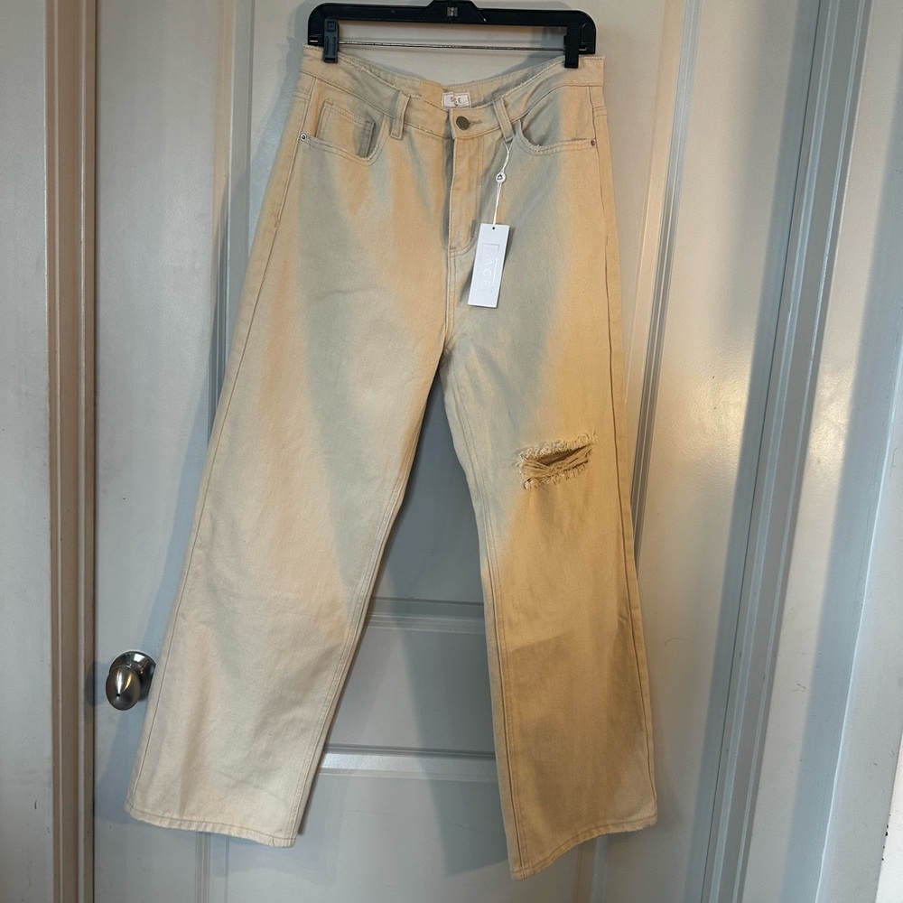 NEW Sage The Label Cream Baggy Distressed Knee Wide Leg DIY Denim Jeans, Large